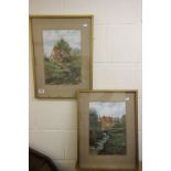 Pair of Gilt Framed and Glazed Early 20th century Watercolours, house / cottage scenes signed M M