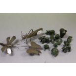 Small collection of Verdite animals along with three Brass & Metal flying insects