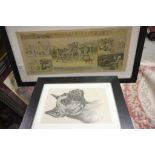 Vincent Brooks humorous vintage cartoon of Widecombe fair and a print portrait of a