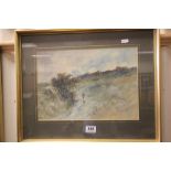 Henry Woods - watercolour 37 x 26cm Women on a Moorland Track, framed & glazed