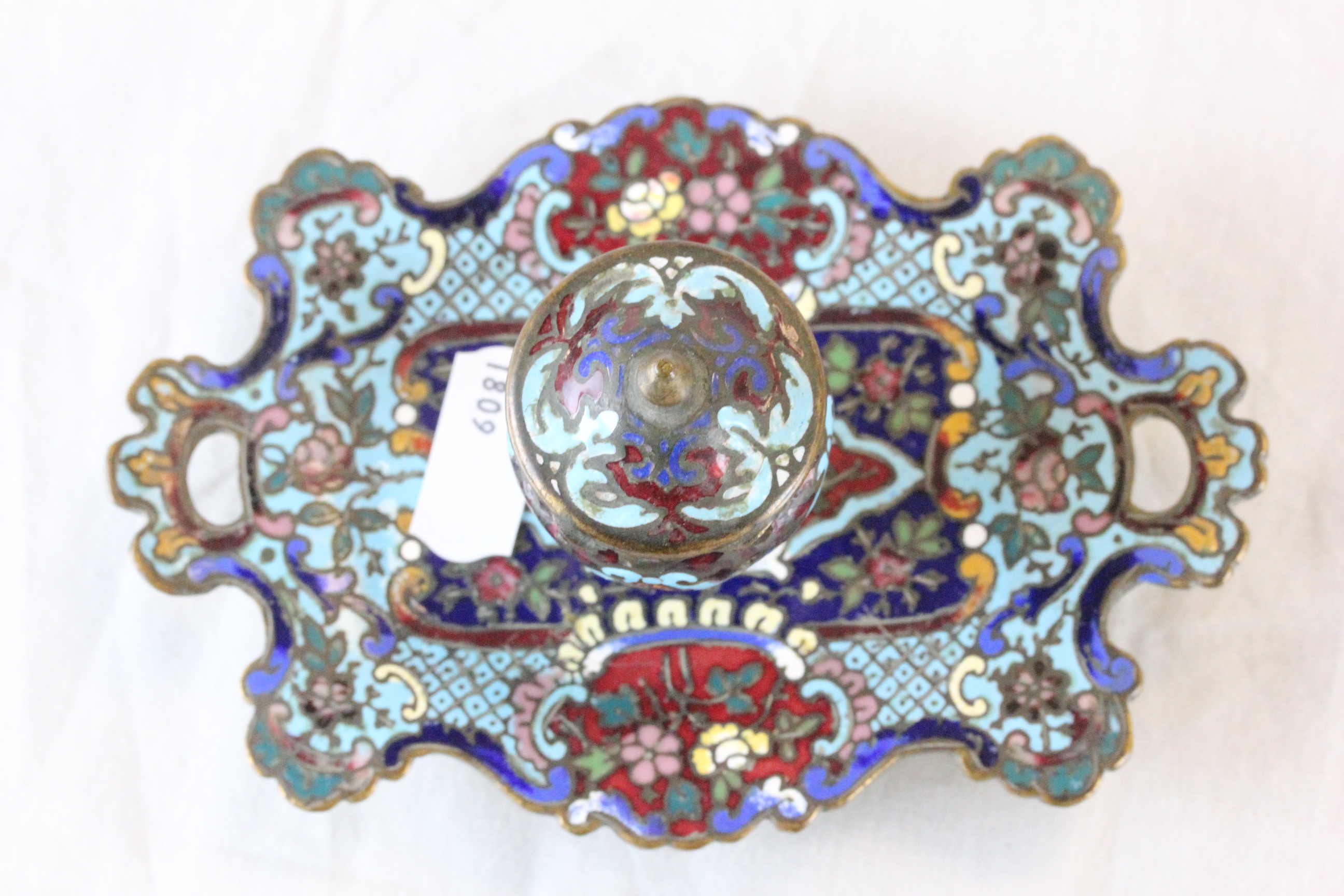 Chinese Cloisonne enamel ink stand and pot with floral decoration & two glass inkwells - Image 2 of 12