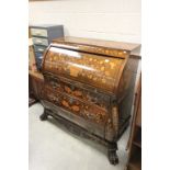 19th Century Dutch Bombe marquetry writing desk bureau with three large drawers, fitted interior of