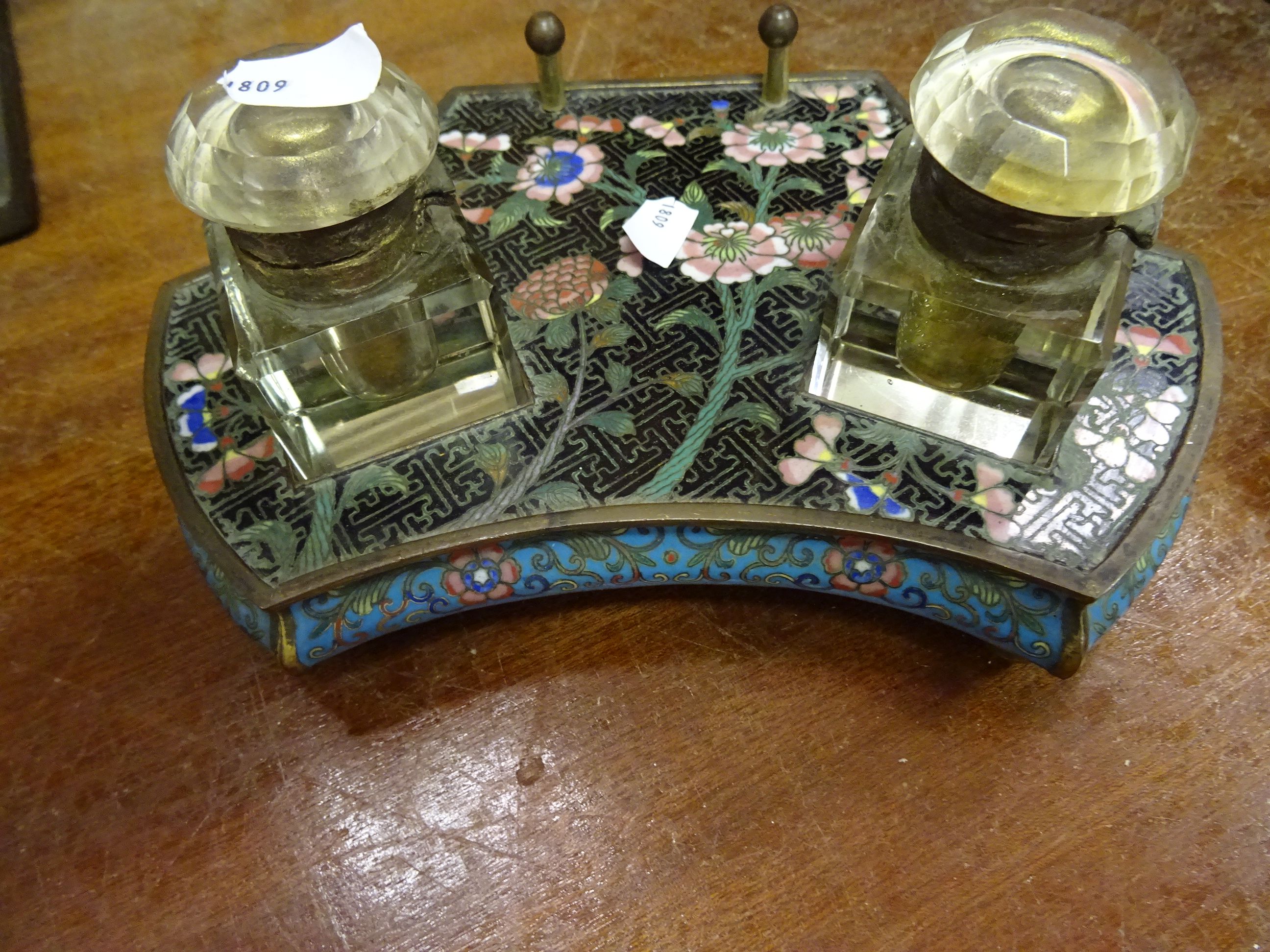 Chinese Cloisonne enamel ink stand and pot with floral decoration & two glass inkwells - Image 9 of 12