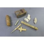 Bone needle case with Dundee stanhope, carved ivory lion and agate lidded box etc