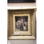 Oil on Board of 19th century Street Children with Dog, contained in a Heavy Gilt Frame