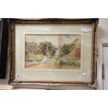 J Wright early 20th Century watercolour titled Cottages Long Marston signed and dated 1906