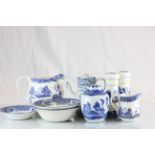 Large box of mixed Staffordshire Old Willow pattern china