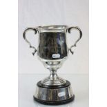 Hallmarked silver twin handled trophy with stand "The Silcox Perpetual Challenge Cup" with list of