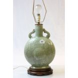 Chinese Ceramic Celadon Table Lamp with Mahogany Base, mid 20th century