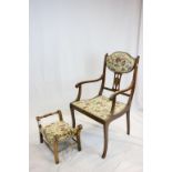 Edwardian Mahogany Inlaid Elbow Chair plus a similar Footstool