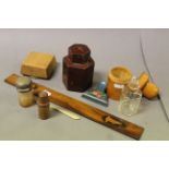 Treen canister with bottle, four other treen boxes and a Silver mounted perfume bottle and a