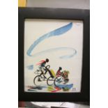 An interesting mixed method on canvas abstract of children on bicycles, signed