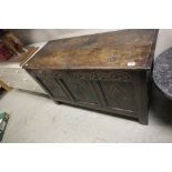 17th / 18th century Oak Coffer with lunette carved frieze and three carved panels