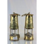 A pair of vintage Brass Miners lamps, type 6 makers M & Q