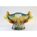 Large Majolica style vase with clamshell bowl and semi nude females