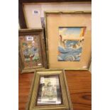 Asian and oriental school three gilt framed pictures to include a watercolour of figures paying