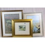 A pastel landscape with sheep and two watercolour views of Devon