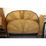 Art Deco Double Bedstead, the Walnut and Oak Headboard and Footboard with a Sunburst Design (folding