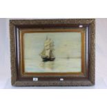 Framed oil on board of a ship signed O.M.F