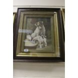 An oak framed oil painting study of a terrier dog and puppies in a courtyard