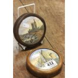 Two Prattware Pot Lids ' Thames Embankment ' and Sailing Boats, both contained in Oak Frames