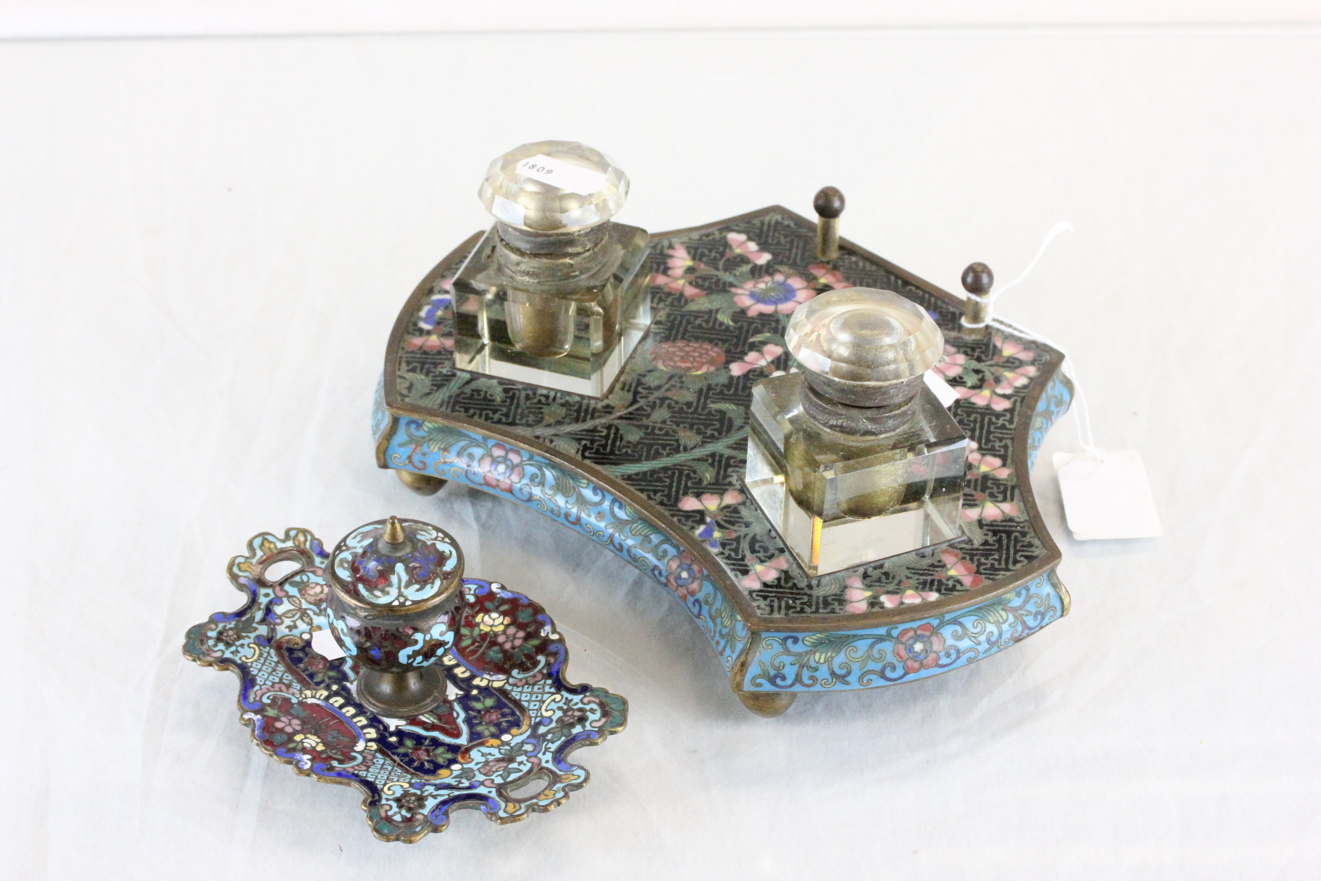 Chinese Cloisonne enamel ink stand and pot with floral decoration & two glass inkwells