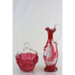 Mary Gregory Cranberry glass ewer and a Cranberry glass bonbon dish