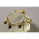 9ct Gold charm bracelet with seven charms to include claw shaped with Tigers Eye ball