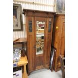 Arts and Crafts Oak Hall Wardrobe with Coppered Stylised Panels and Single Mirrored Door