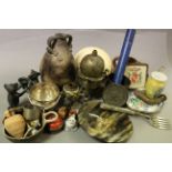Box of mixed ceramics and metalware to include an Ostrich egg, Cloisonne etc