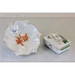 Ceramic Meissen trinket box with green dragon pattern to lid, along with an ashtray with floral dec