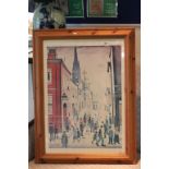 Pine Framed and Glazed L.S Lowry Print, "The Organ Grinder"