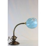 Vintage Copper & Brass flexible desk lamp with blue glass shade and marked to weighted base RWB