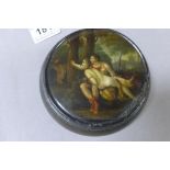 Papier mache circular box cover painted in the manner of William Hamilton depicting a scene of Asian