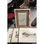 Three old framed etchings of France and a gilt framed anatomical study of hands