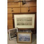 An oak framed hunting print and two framed pictures.
