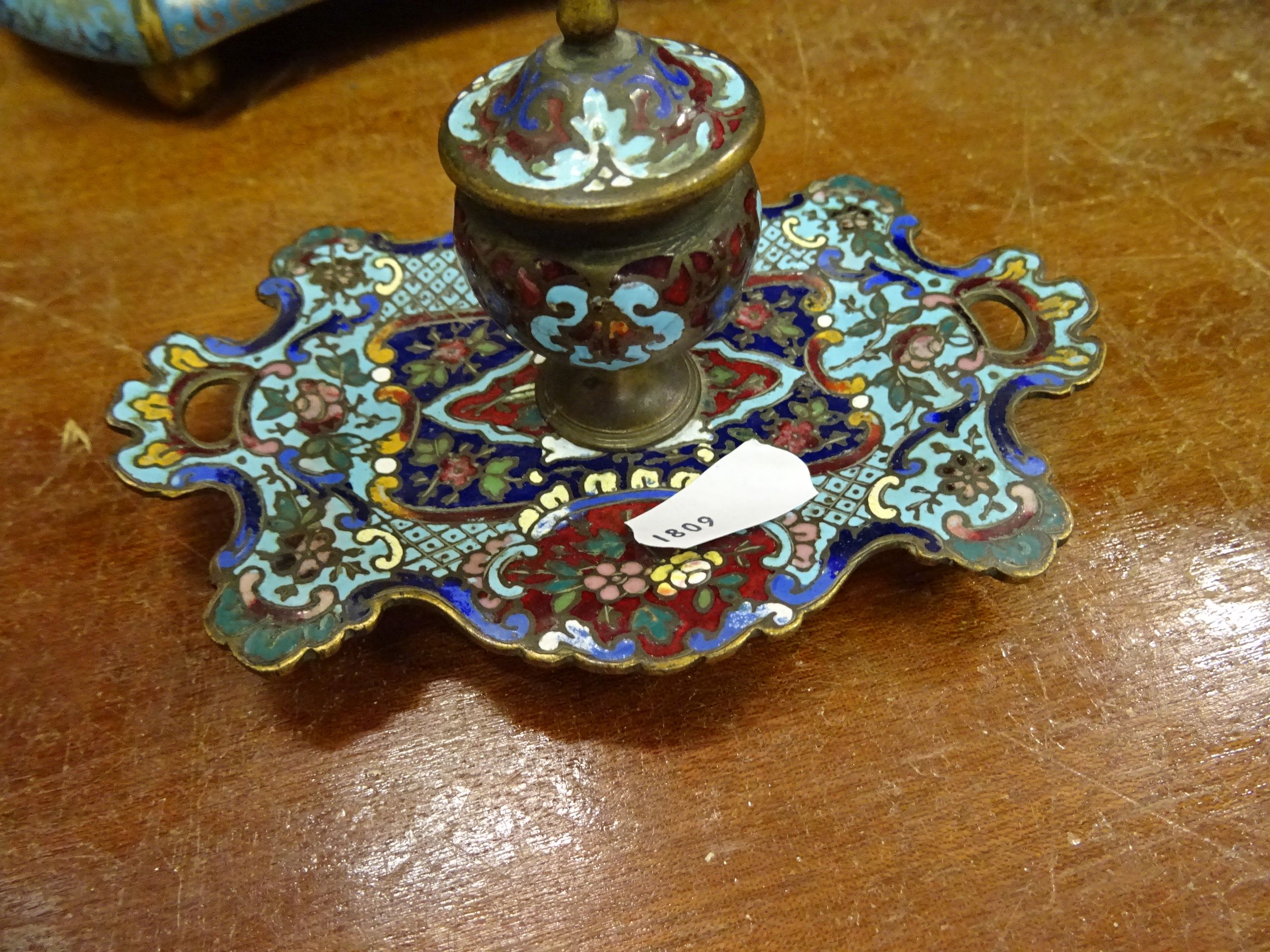 Chinese Cloisonne enamel ink stand and pot with floral decoration & two glass inkwells - Image 7 of 12