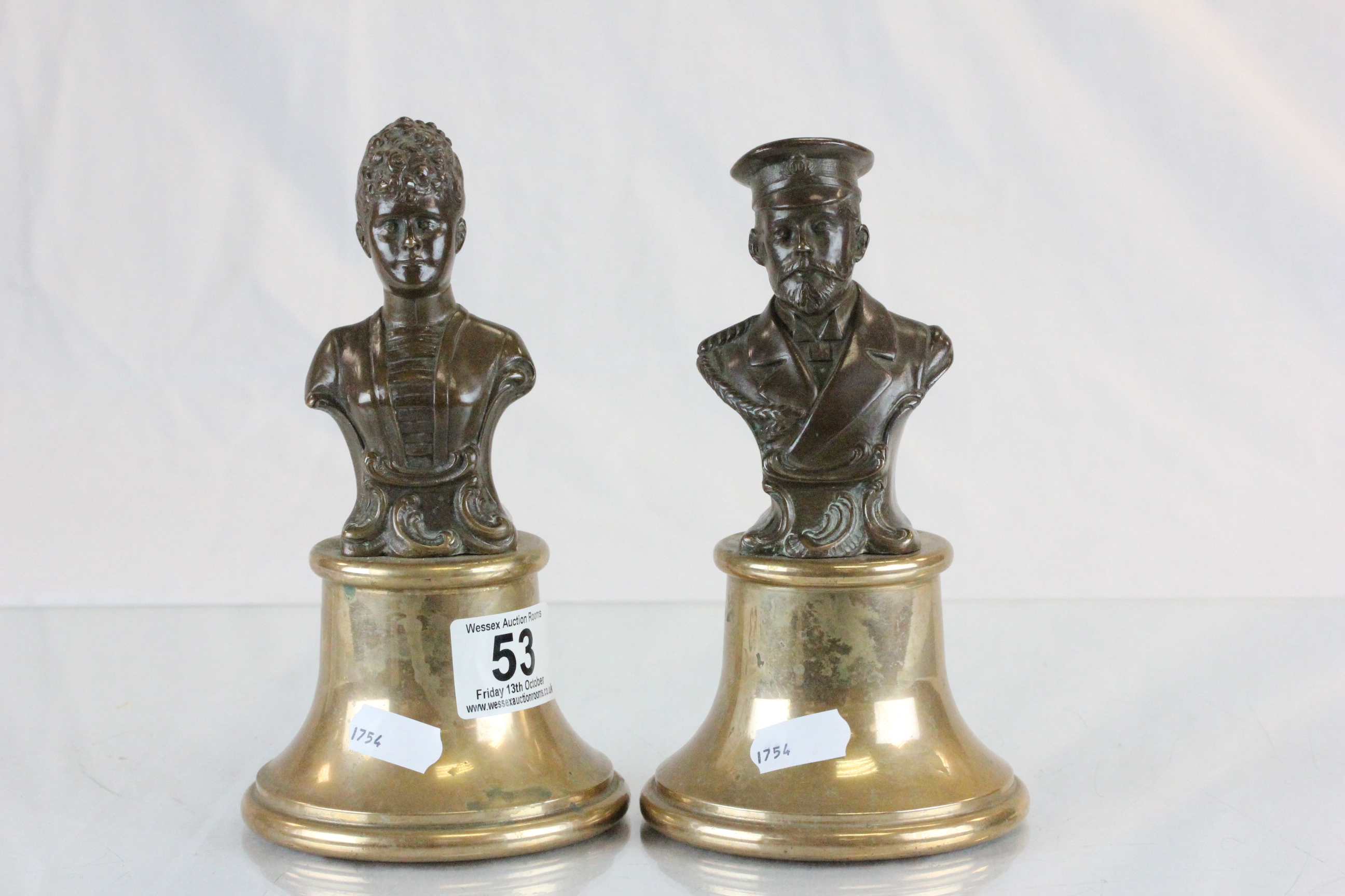 Pair of bronze busts with bell shaped bases depicting Edward VII & Queen Mary