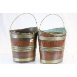 Pair of brass bound wooden buckets with metal liners