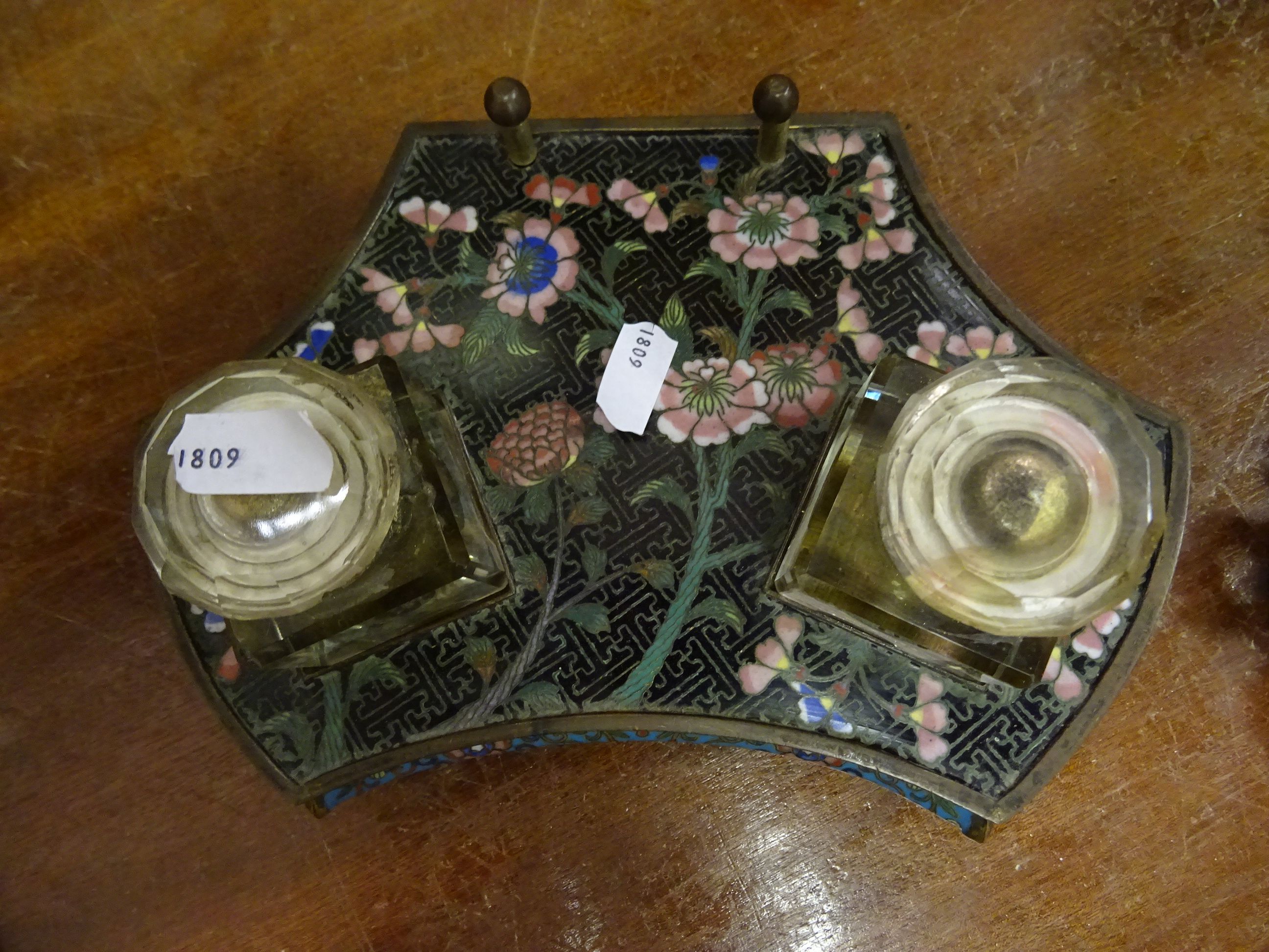 Chinese Cloisonne enamel ink stand and pot with floral decoration & two glass inkwells - Image 10 of 12