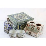 Faience Tin Glazed Square Lidded Box together with an Ink Stand, Bottle Vase and Two Section Oil