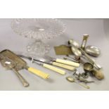 Mixed box of silver plated cutlery etc and a glass cake stand