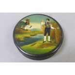 19th Century papier mache snuff box with unusual painted scene of a man cutting reads & waving to