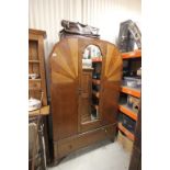 Art Deco Walnut and Oak Wardrobe with Sunburst Design, single mirrored door and drawer below