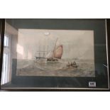 Watercolour figures in a boat rowing toward tall ships indistinctly signed.