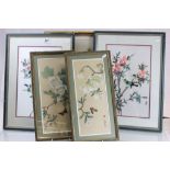 Oriental school selection of framed pictures to include a woven study of two birds by a river,