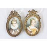 Pair of Hand Painted Portrait Miniatures on Ivory of 16th century style Ladies, one wearing a Crown,