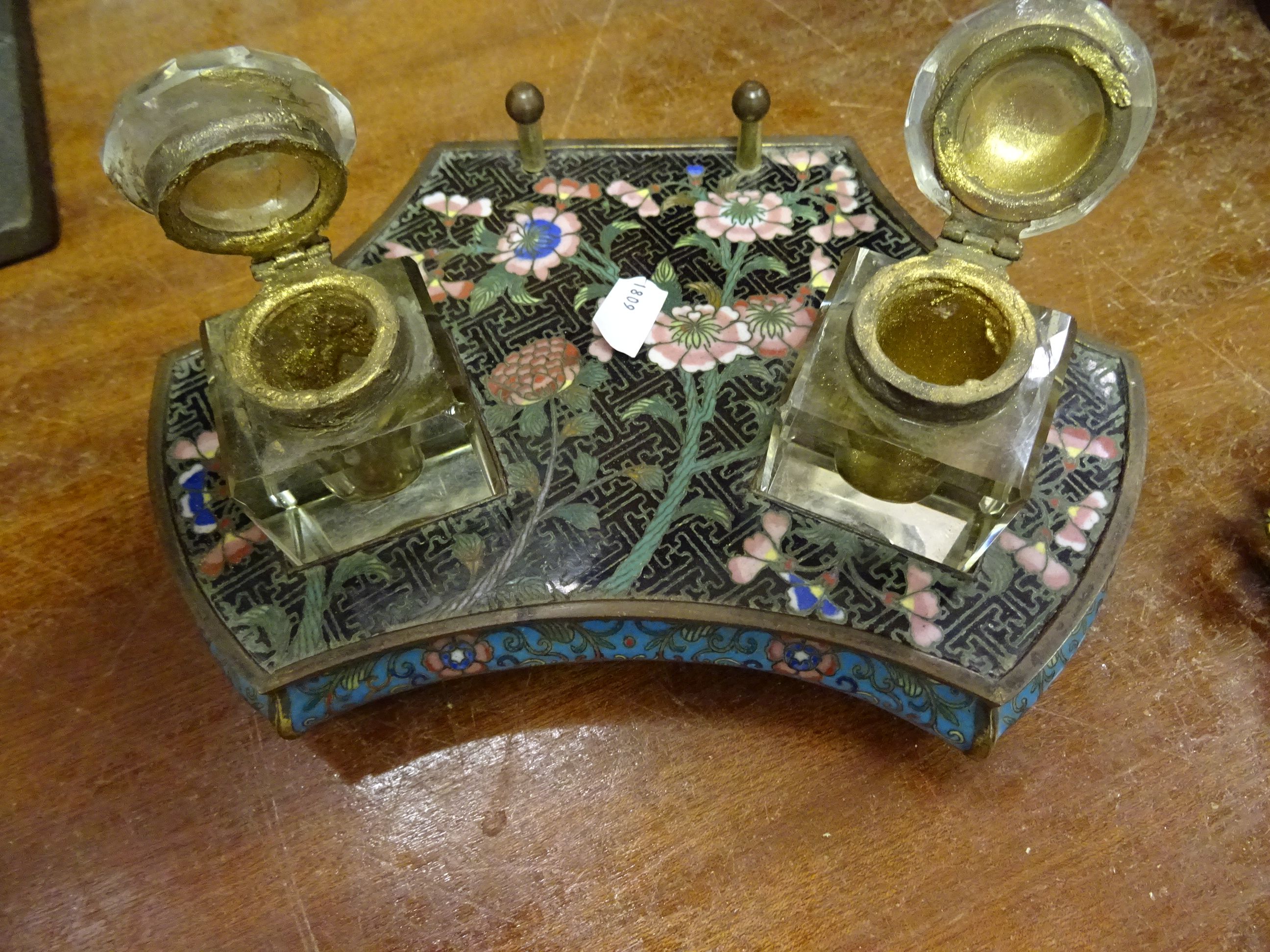Chinese Cloisonne enamel ink stand and pot with floral decoration & two glass inkwells - Image 12 of 12