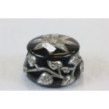 Lidded wooden ring box with applied white metal floral decoration