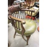 Early 20th century Captains Tub Chair with green leather studded seat